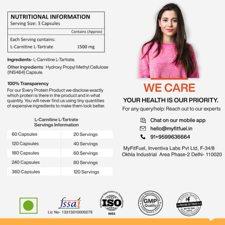 Myfitfuel L-Carnitine L-Tartrate (1500mg) 180 Capsules| Fat Loss | Weight Management