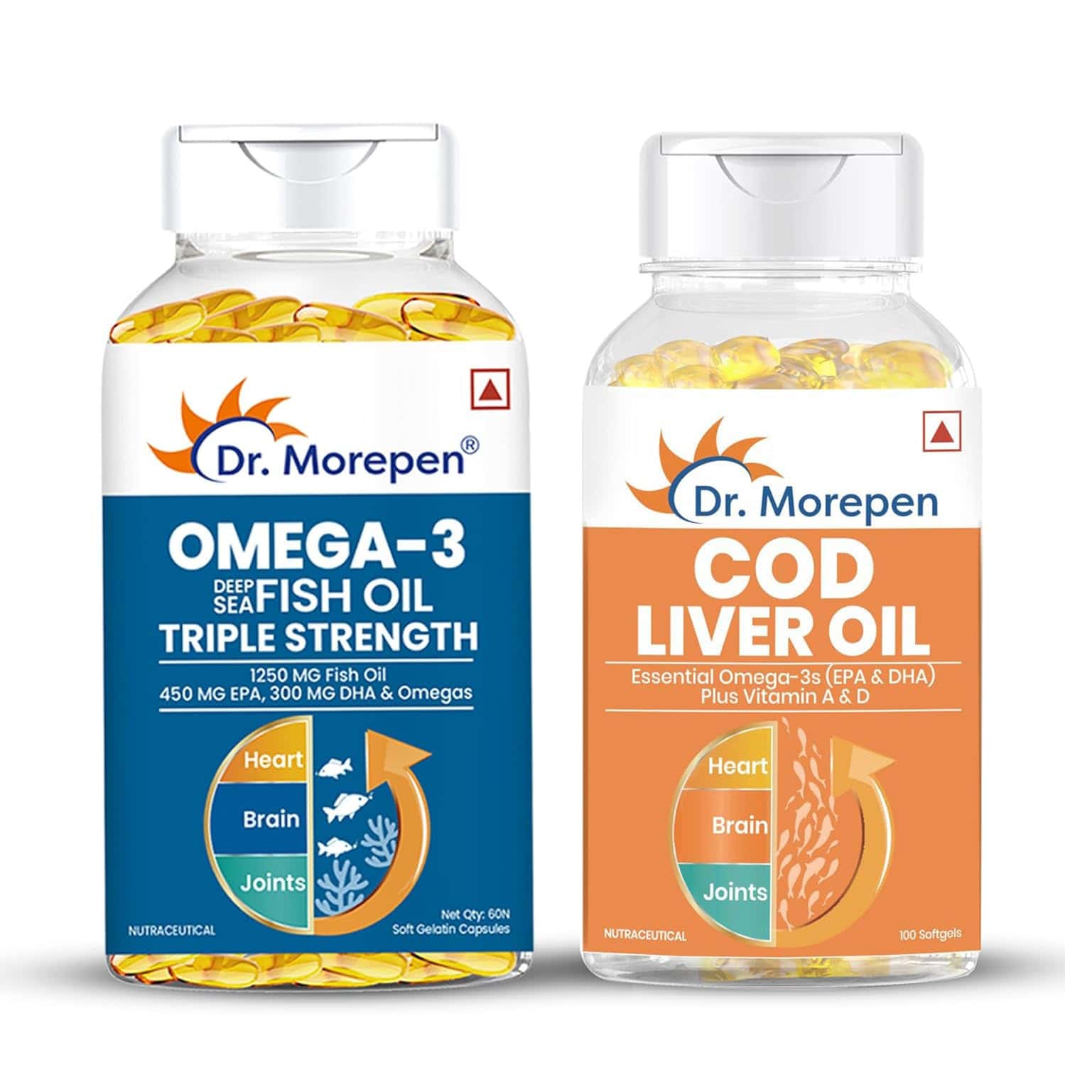 Dr. Morepen Cod Liver Oil 100 & Omega 3 Fish Oil 60 Softgel Capsules | Combo