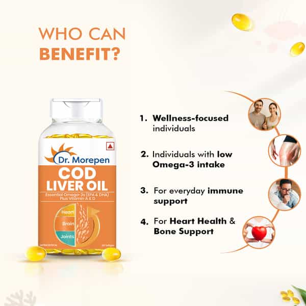 Dr. Morepen Cod Liver Oil 100 & Omega 3 Fish Oil 60 Softgel Capsules | Combo