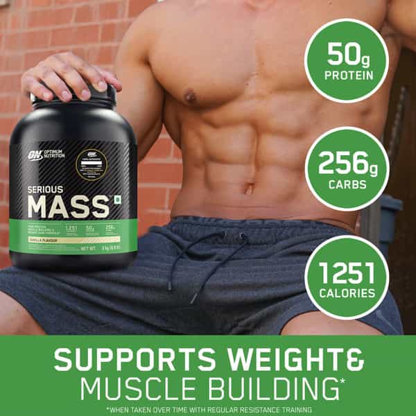 Optimum Nutrition (On) Serious Mass High Protein High Calorie Weight Gainer Powder-3 Kg Vanilla