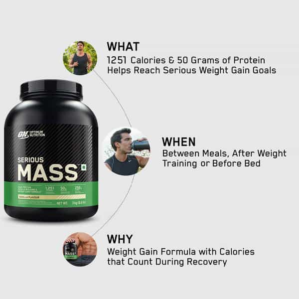 Optimum Nutrition (On) Serious Mass High Protein High Calorie Weight Gainer Powder-3 Kg Vanilla