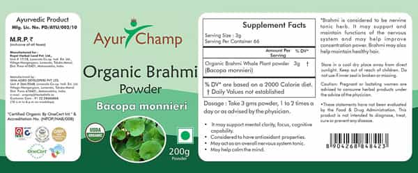 Ayur Champ - Pack Of 2 -Organic Brahmi Powder (Bacopa Monnieri) Hair Care | Memory Support - 200G