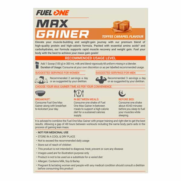 Fuel One Max Gainer (Caramel Toffee| 1Kg) | High-Calorie Gainer With Added Digestive Enzymes