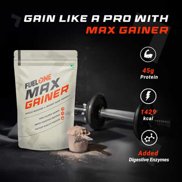 Fuel One Max Gainer (Caramel Toffee| 1Kg) | High-Calorie Gainer With Added Digestive Enzymes