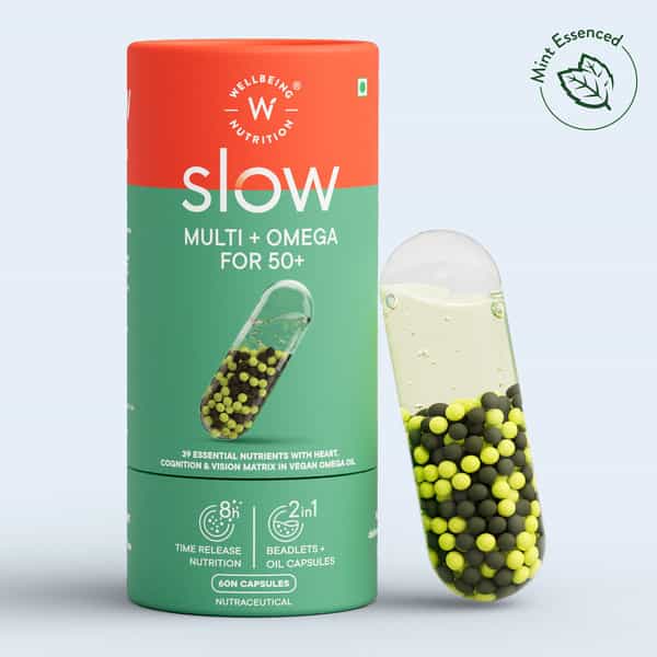 Wellbeing Nutrition Slow Multi + Omega For 50+ Vitamin D3 | Calcium | Iron | Nutrients | Vegan | 60N