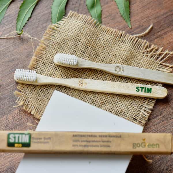 Stim Eco Bio Wooden Toothbrush|With Biodegradable Bristles|Pack Of 2|Anti - Microbial Neem Handle |