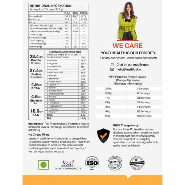 Myfitfuel Mff Plant Pea Protein 500 Gm (1.1 Lbs) Mango Alphonso | Easy To Digest Protein Powder