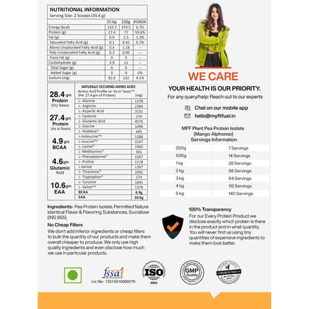 Myfitfuel Mff Plant Pea Protein 500 Gm (1.1 Lbs) Mango Alphonso | Easy To Digest Protein Powder