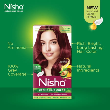 Nisha Creme Hair Color 3.16 Burgundy 120gm Pack Of 2 | Ammonia Free Permanent Hair Colour