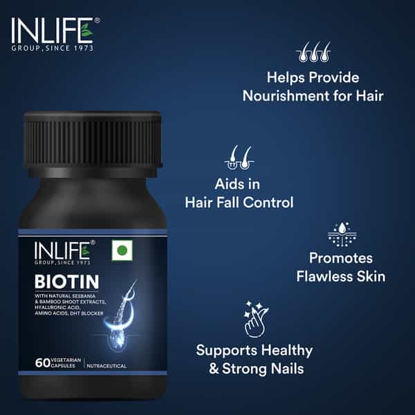 Inlife Biotin Supplement For Hair | Sesbania Bamboo Shoot Bhringraj Zinc Vit C | Unisex | Veg - 60N