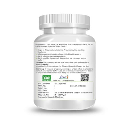 Natures Velvet Garlic Pure Extract 500 Mg | 60 Veggie Capsules