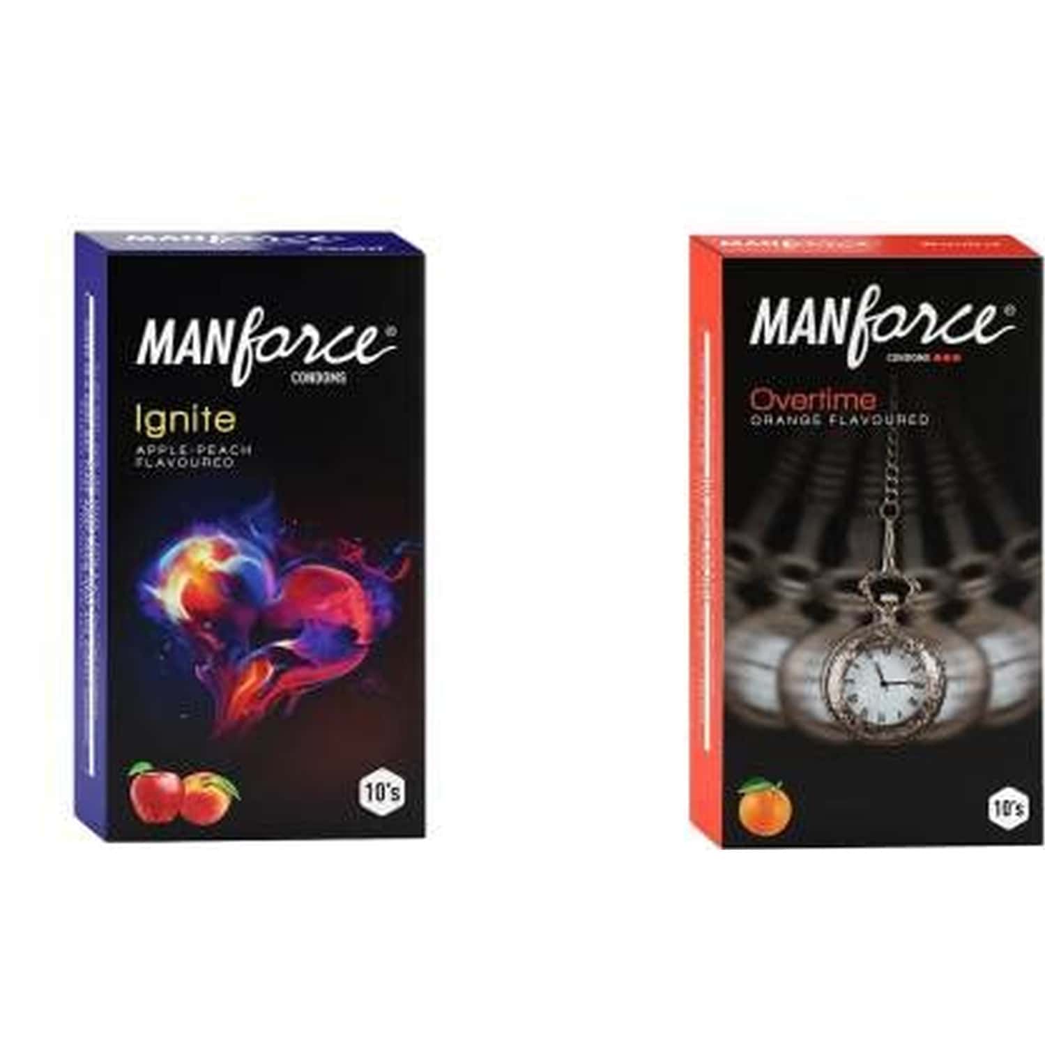 Manforce Ignite Apple-Peach & 3 In 1 Condoms Overtime Orange Flavoured Condoms(Set Of 2 20 Pcs)