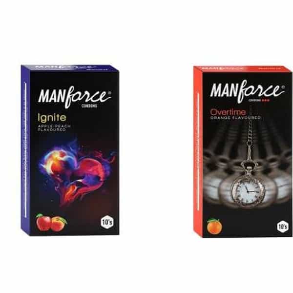 Manforce Ignite Apple-Peach & 3 In 1 Condoms Overtime Orange Flavoured Condoms(Set Of 2 20 Pcs)