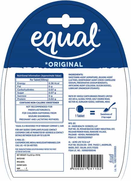 Equal Original Low Calorie Sweetener Sugar Free Low Calories Sugar Control 110 Tablets Pack Of 5