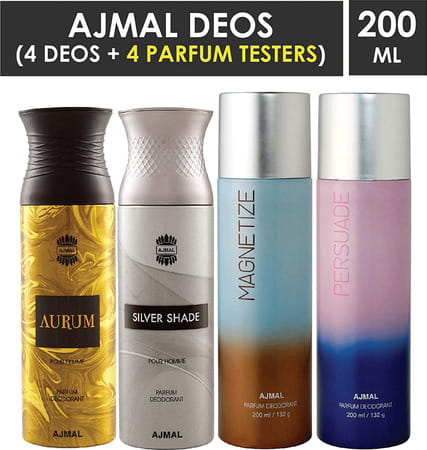 Ajmal 1 Aurum For Women 1 Silver Shade For Men 1 Magnetize 1 Persuade Unisex Deodorant Combo Pack 4