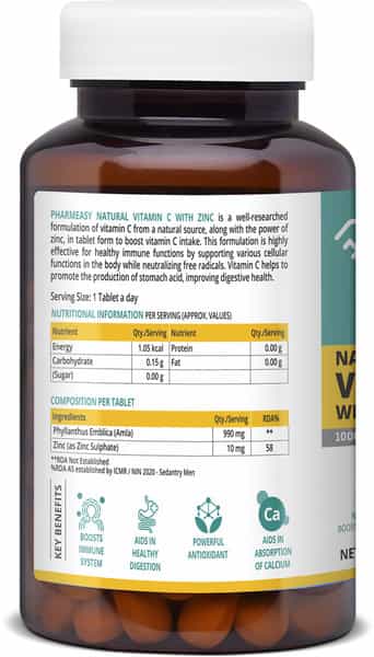 Pharmeasy Vitamin C (990Mg) With Zinc (10Mg) - Powerful Immunity Booster - 60 Veg Tablets