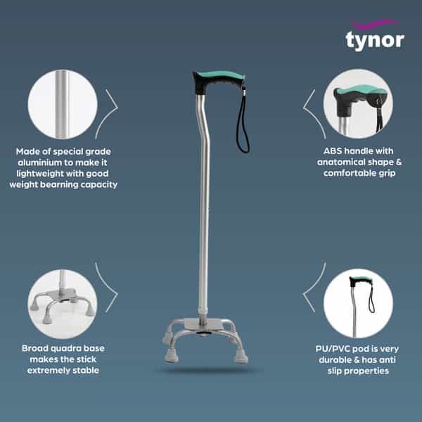 Tynor Walking Stick Quadripod Silver Universal Size 1 Unit