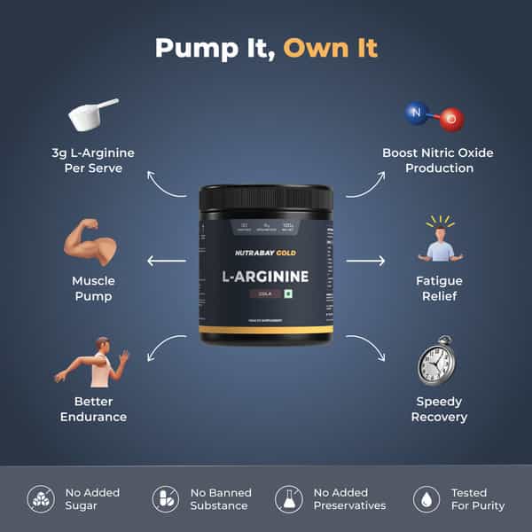 Nutrabay Gold L-Arginine Supplement Powder - 120G | Cola Flavor | Pre Workout Amino Acid