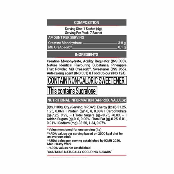 Muscleblaze Micronised Creatine Monohydrate Creamp Powder | Candy Rush | 7 Sachets (4G Each)