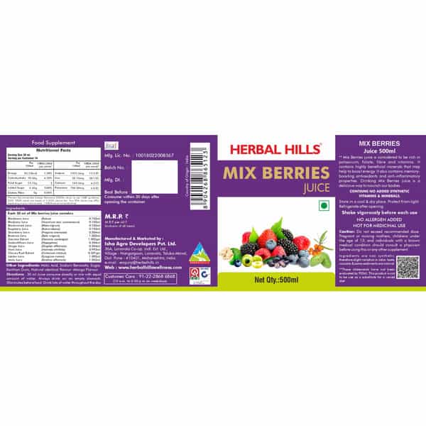 Herbal Hills Mix Berry Juice For Immunity | Digestion & Skin Health - 500 Ml