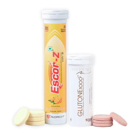 Glutone 1000 & Escor-Z Orange Flavor Setria L-Glutathione | Vitamin C Effervescent Tablets Pack Of 2