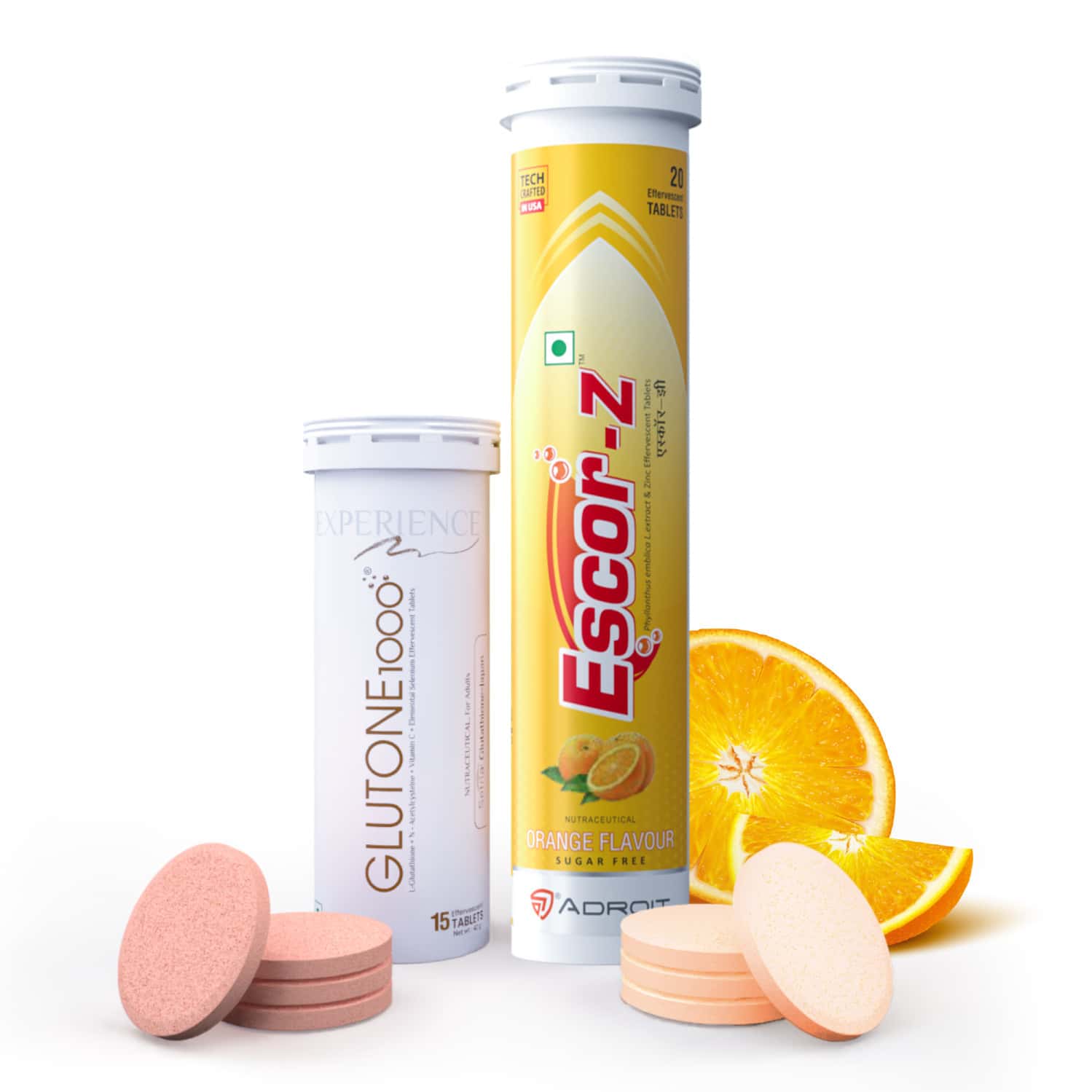 Glutone 1000 & Escor-z Orange Flavor Setria L-glutathione | Vitamin C Effervescent Tablets Pack Of 2