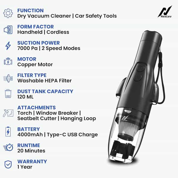 Nexlev Cordless Electric Car Vacuum Cleaner Vacusafe Vc-03