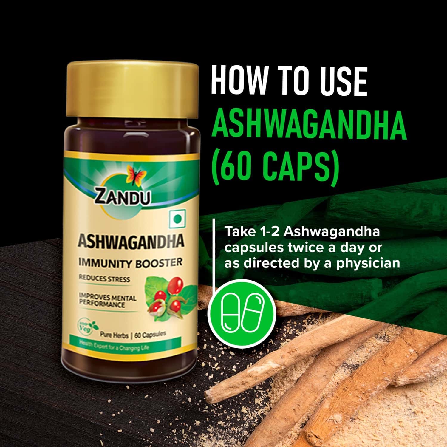 Buy ZANDU ASHWAGANDHA AYURVEDIC VEG CAPSULES BOTTLE OF 60 Online & Get