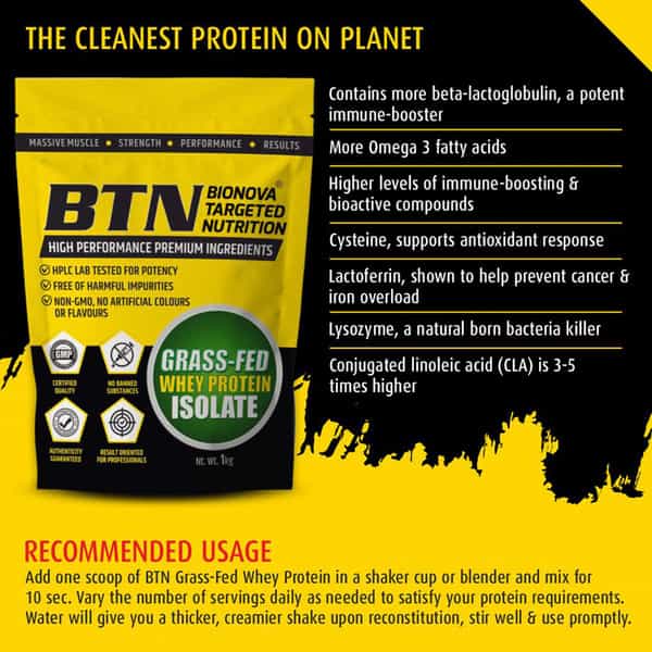 Btn Sports Grass Fed Whey Protein Isolate | Helps Muscle Building | Gluten Free (1 Kg)