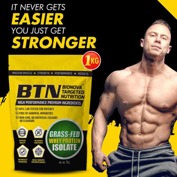 Btn Sports Grass Fed Whey Protein Isolate | Helps Muscle Building | Gluten Free (1 Kg)