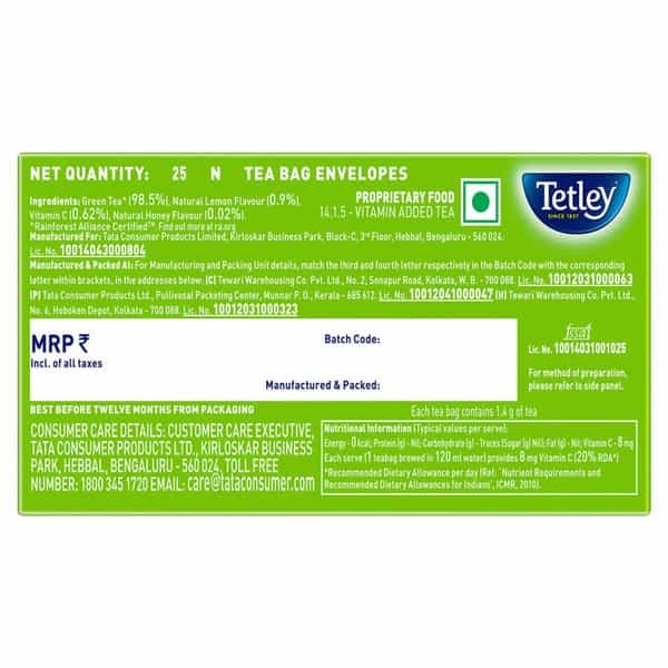 Tetley Green Tea With Lemon & Honey Immune With Added Vitamin C 25 Tea Bags