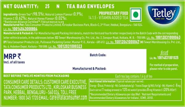 Tetley Green Tea With Lemon & Honey Immune With Added Vitamin C 25 Tea Bags