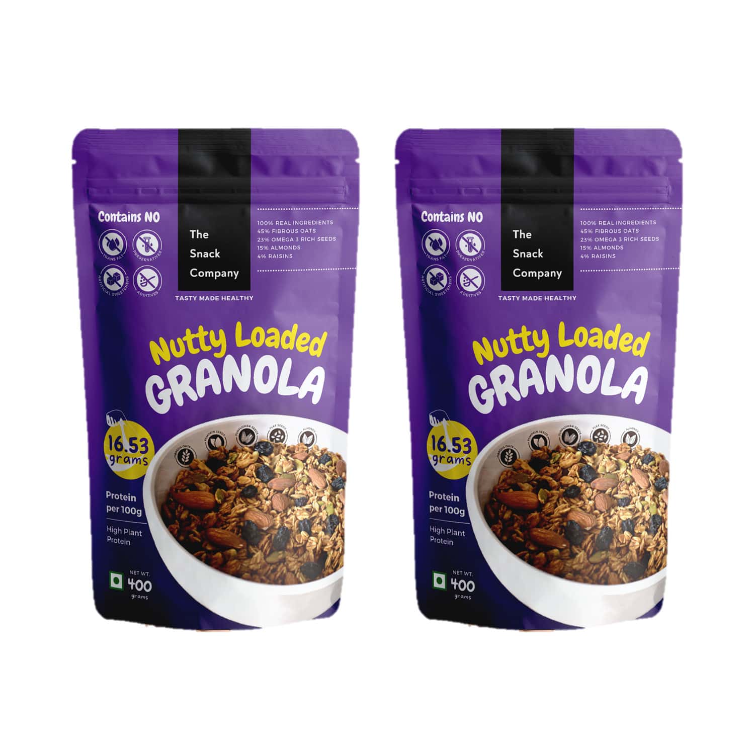 The Snack Company Nutty Loaded Granola | 45% Oats | 23% Omega 3 Rich Seeds | 19% Dry-Fruits 2x400 Gm