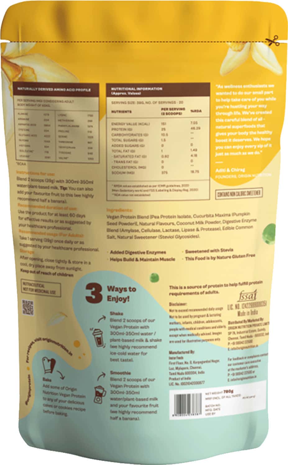 Origin Nutrition 100% Natural Vegan Plant Protein Powder 780g Vanilla With 25g Plant Based Protein