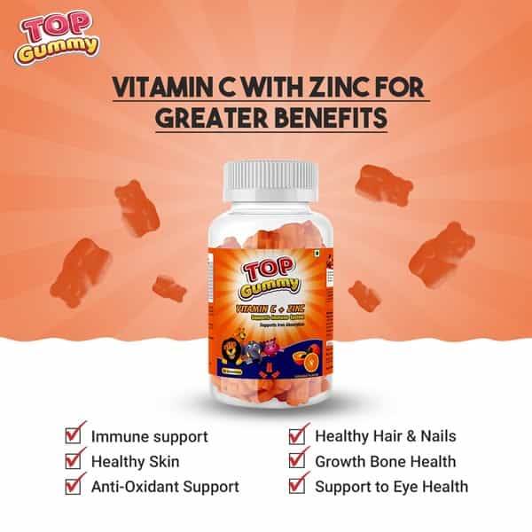 Top Gummy Immunity Booster Gummies (Vitamin C Zinc) - Orange Flavour Bottle Of 30