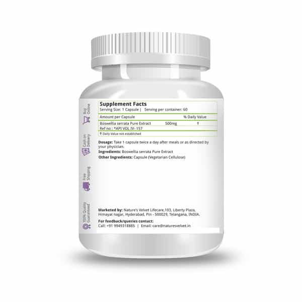 Natures Velvet Boswellia Serrata Pure Extract 500 Mg | 60 Veggie Capsules