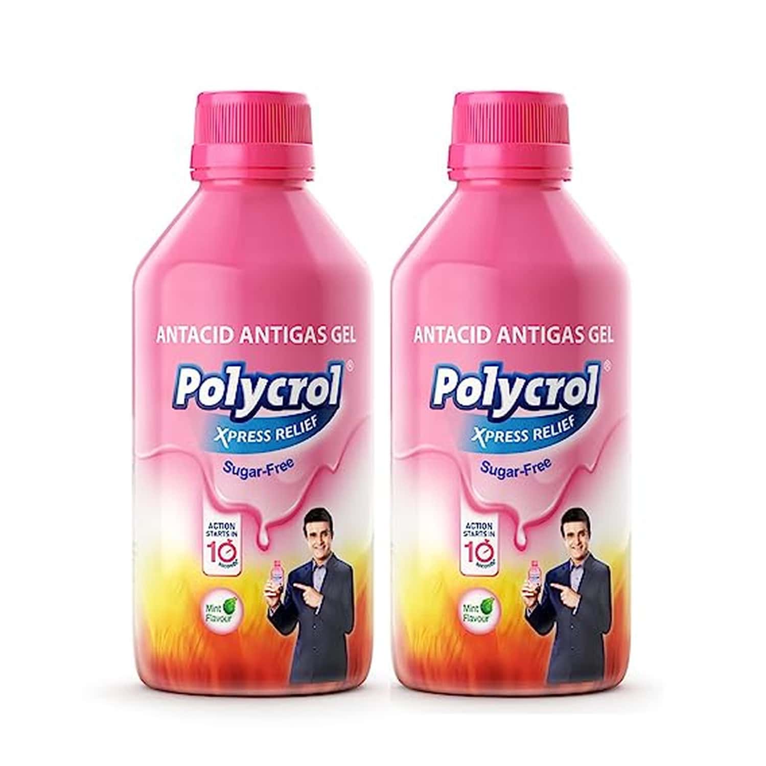 Polycrol | Xpress Relief Antacid Gel Sugar Free Pack Of 2 | Mint | 400 Millilitre