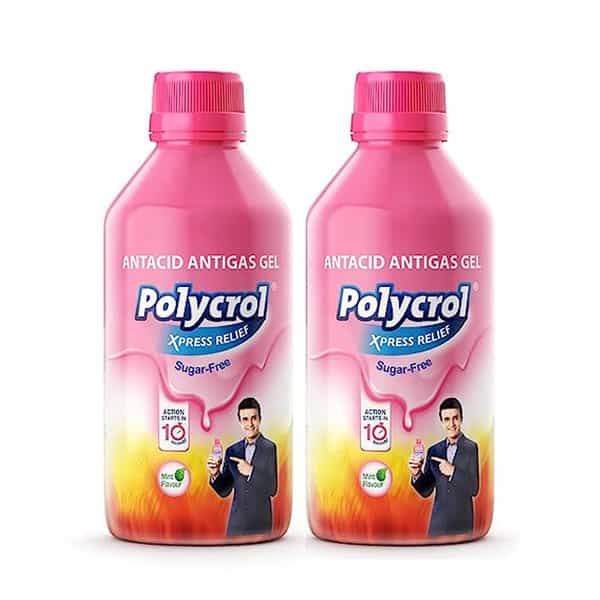 Polycrol | Xpress Relief Antacid Gel Sugar Free Pack Of 2 | Mint | 400 Millilitre