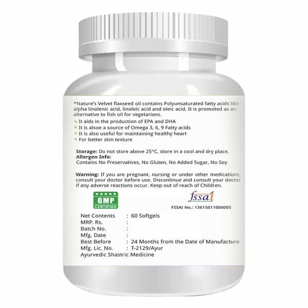Natures Velvet Flax Seed Oil 500Mg | Omega 3-6-9 | 60 Softgel