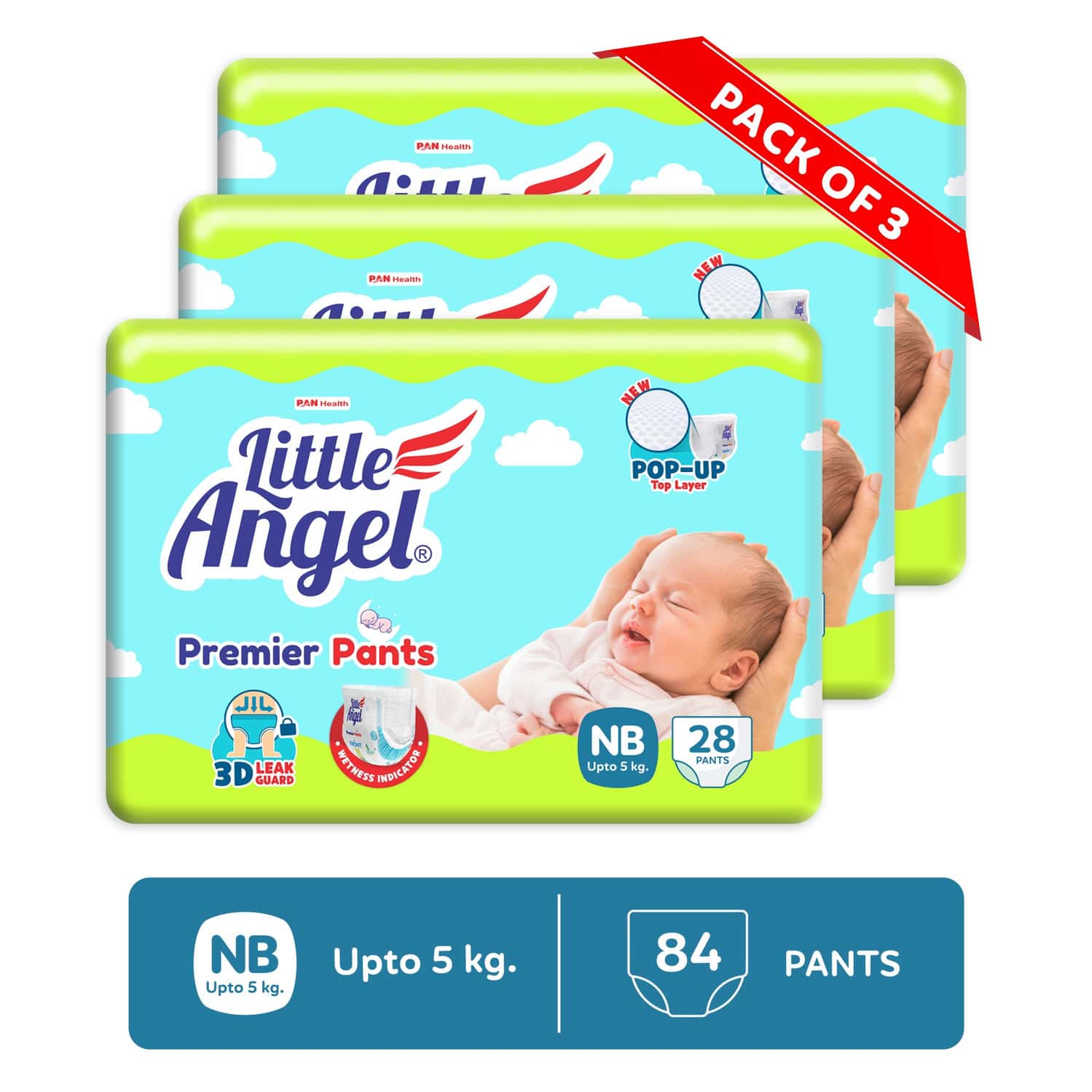 Little Angel Premier Pants Baby Diapers New Born (Nb) Size 84 Count Pack Of 3 28 Count/Pack 5 Kg