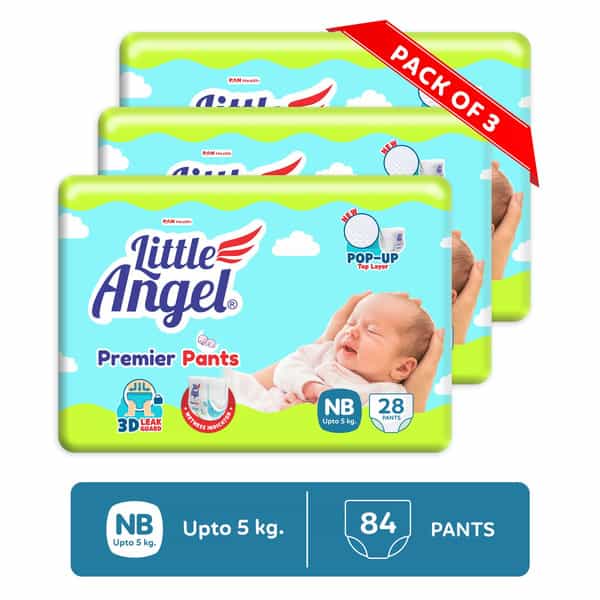 Little Angel Premier Pants Baby Diapers New Born (Nb) Size 84 Count Pack Of 3 28 Count/Pack 5 Kg
