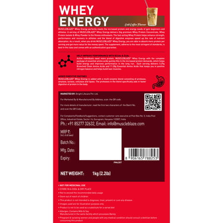 Muscleblaze Whey Energy (Cold Coffee| 1kg / 2.2lbs) | 24g Protein| 100% Whey Protein Blend