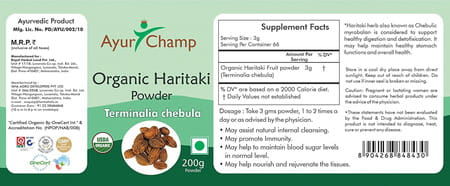 Ayur Champ Organic Haritaki Powder|Terminalia Chebula|Detoxification & Rejuvenation (2x Pack - 200g)