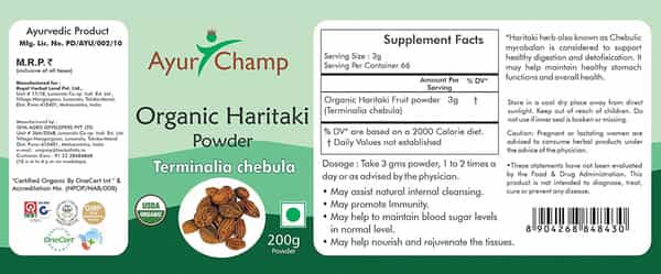 Ayur Champ Organic Haritaki Powder|Terminalia Chebula|Detoxification & Rejuvenation (2X Pack - 200G)