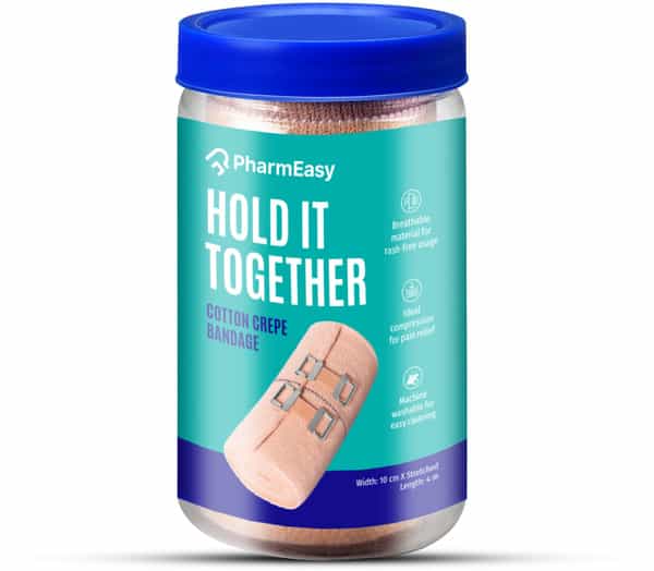 Pharmeasy Cotton Crepe Bandage - 10 Cm X 4 Meters - Reduces Strain | Sprain & Swelling
