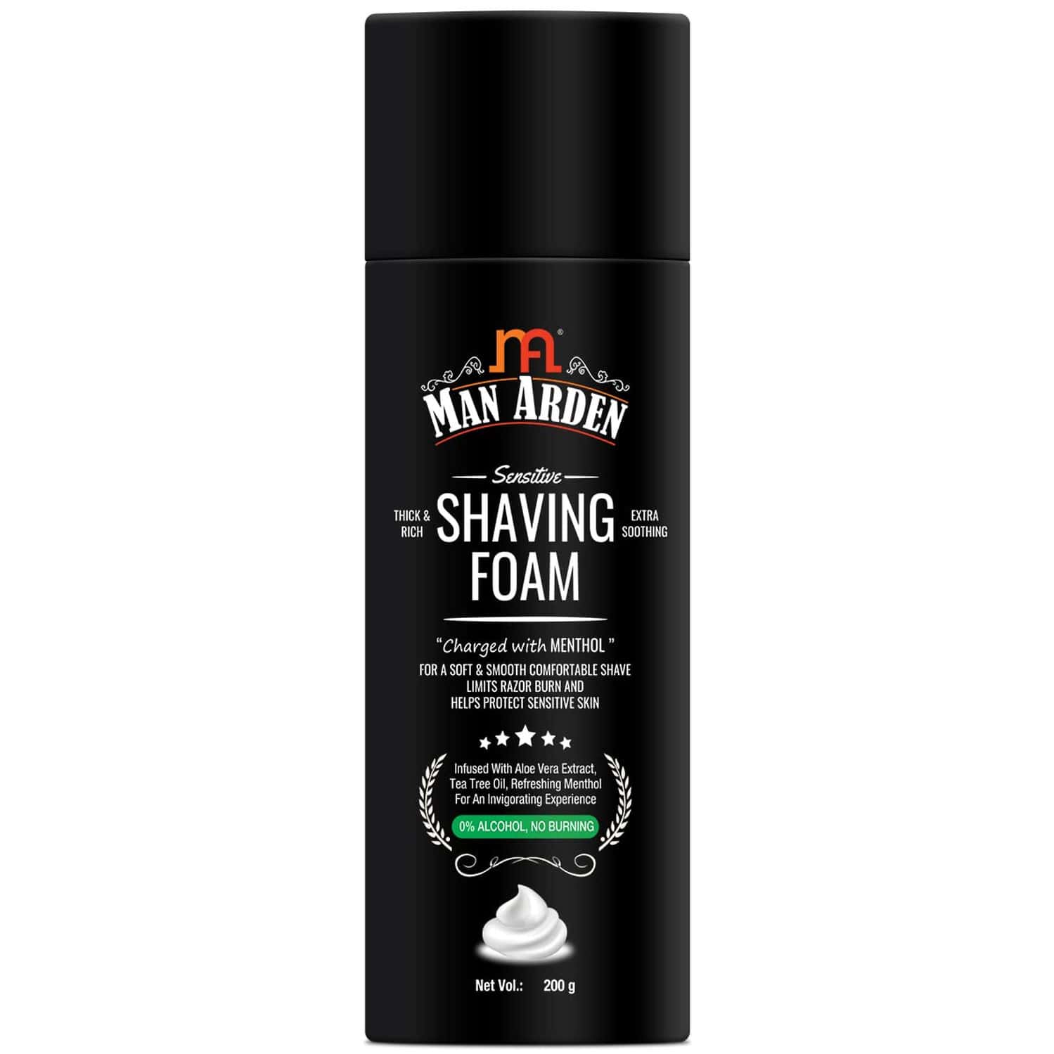 MAN ARDEN SHAVING FOAM FOR SENSITIVE SKIN - CHARGED WITH MENTHOL ALOEVERA AND TEA TREE 200 G