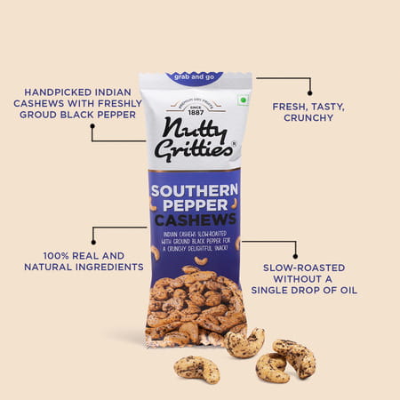 Nutty Gritties Southern Pepper Cashews - 240g ( Pack Of 6 X 40g Each)