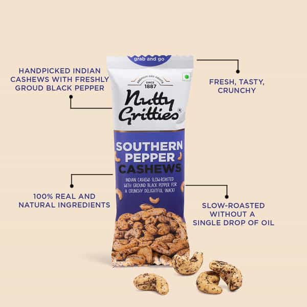 Nutty Gritties Southern Pepper Cashews - 240G ( Pack Of 6 X 40G Each)