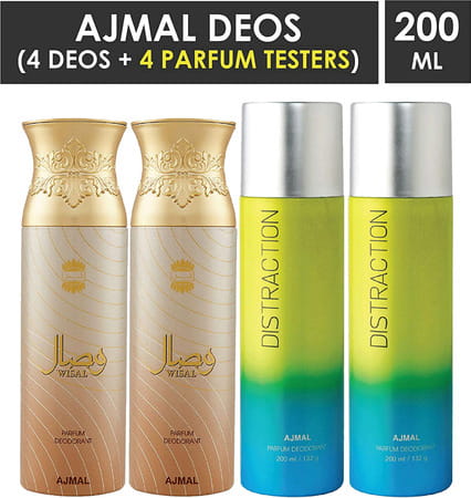 Ajmal 2 Wisal For Women And 2 Distraction For Men & Women Deodorants Each 200Ml Combo Pack Of 4