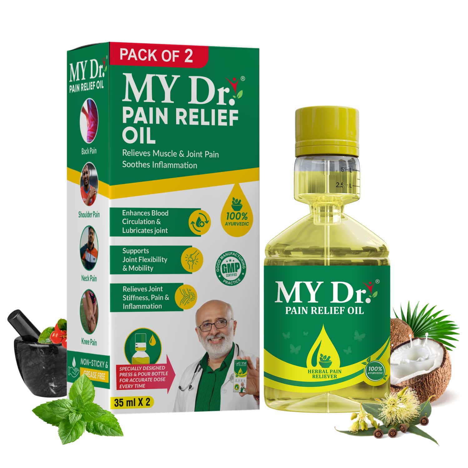 My Dr.Pain Oil Relief Oil - Relieves Joint Pains & Body Pains - Aromatic | Non-Sticky 35ml Pack Of 2
